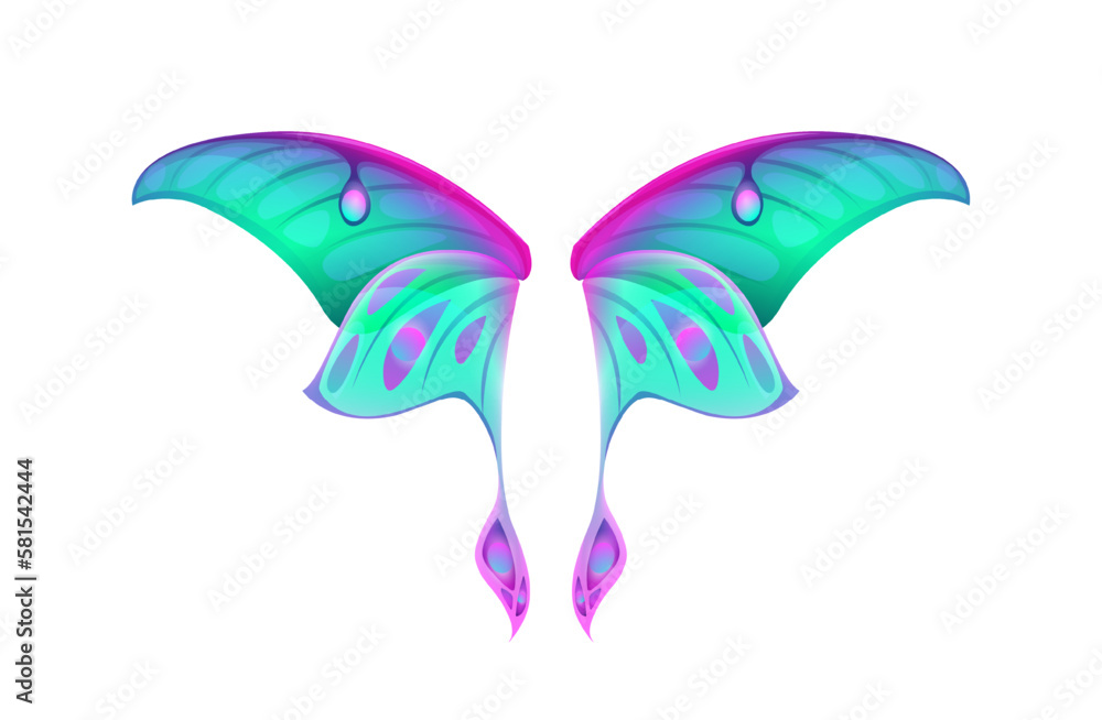 Beautiful wing concept. Bright sticker with blue violet magical wings of fantastic character. Pair of fairy or butterfly wings. Cartoon realistic vector illustration isolated on white background Beautiful wing concept. Bright sticker with blue violet magical wings of fantastic character. Pair of fairy or butterfly wings. Cartoon realistic vector illustration isolated on white background