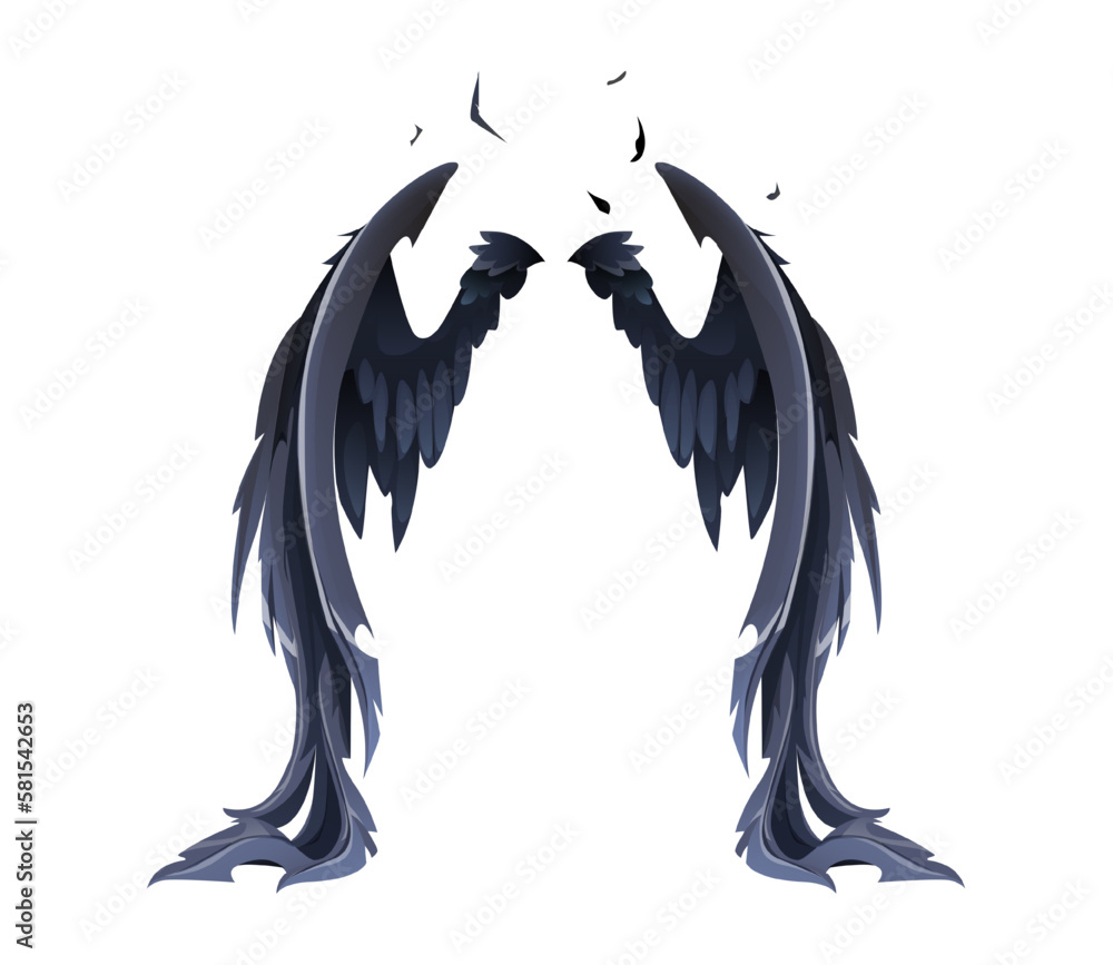 Fototapeta premium Beautiful wing concept. Sticker with dark demon, devil or crow wings with black feathers. Pair of bird wings or magical character. Cartoon realistic vector illustration isolated on white background