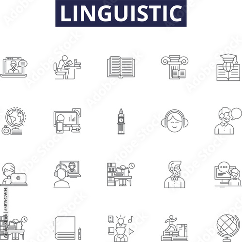 Linguistic line vector icons and signs. Grammar, Semantics, Syntax, Morphology, Phonetics, Phonology, Dialects, Conversational outline vector illustration set photo