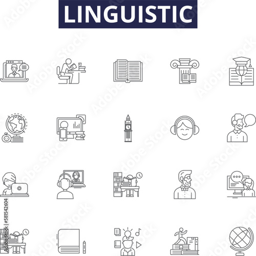 Linguistic line vector icons and signs. Grammar, Semantics, Syntax, Morphology, Phonetics, Phonology, Dialects, Conversational outline vector illustration set