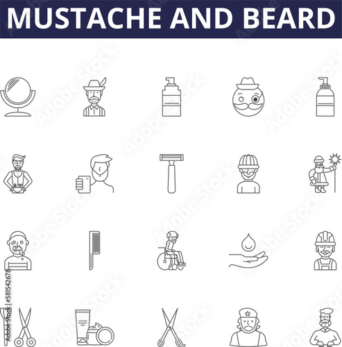 Mustache and beard line vector icons and signs. beard, moustache, facial, hair, facial hair, manly, bristles, whiskers outline vector illustration set