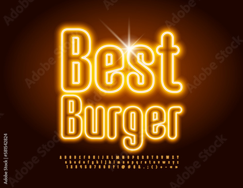 Vector advertising banner Best Burger with electric Yellow Font. Glowing set of Neon Alphabet Letters, Numbers and Symbols