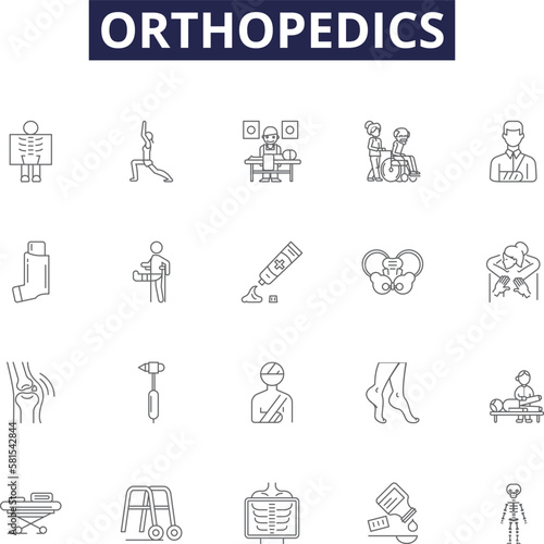 Orthopedics line vector icons and signs. Bones, Joints, Muscles, Tendons, Ligaments, Surgery, Physiotherapy, Imaging outline vector illustration set