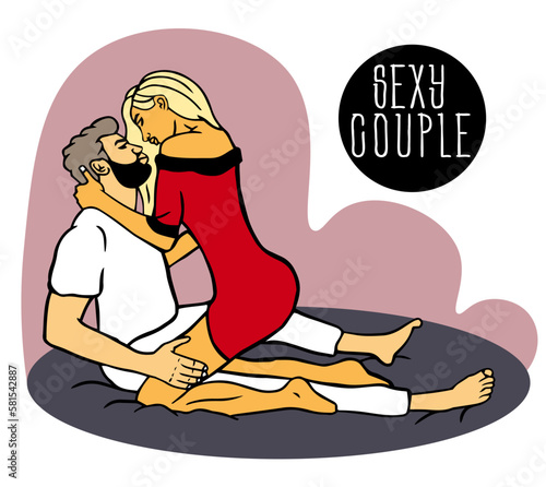 sensual and passionate couple hugs, kisses, man holds woman. girl is sitting on her knees. Man and woman love and have sex for the first time. Sexy kiss. Happy young couple hugging.