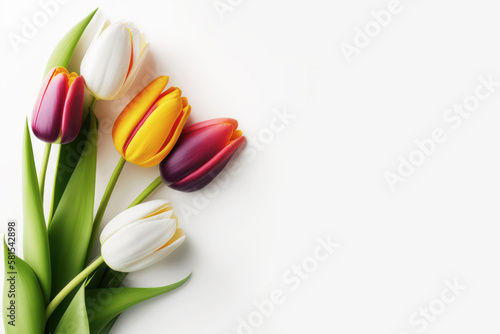 Spring tulip flowers on white background. Frame for Mothers day, International Womens Day, 8 March, Valentines Day, birthday, wedding background. Colorful flower invitation. AI generative