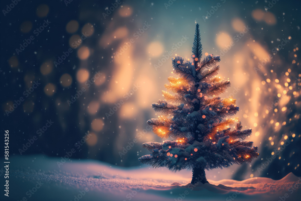 Naklejka premium Generative AI illustration of cute little Christmas tree with warm vibrant fairy lights and seasonal bokeh lights in background