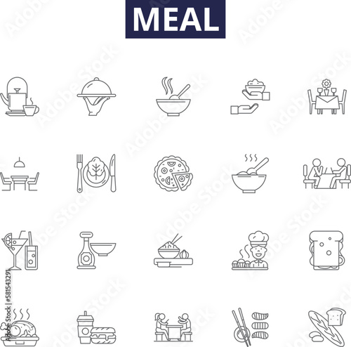 Meal line vector icons and signs. Recipe, Breakfast, Lunch, Dinner, Cuisine, Snack, Banquet, Feast outline vector illustration set