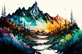 Generative AI illustration of unique abstract fantasy landscape scene using cel shading and alcohol ink