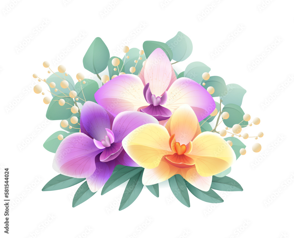 Fototapeta premium Watercolor wedding bouquet. Beautiful flower arrangement with purple lilies and green leaves. Blooming decorative plants. Rustic organic element. Cartoon flat vector illustration isolated on white