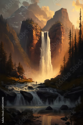 Generative AI illustration of stunning landscape waterfall and mountains scene during golden hour with light streaming through to the river below