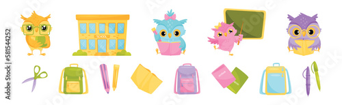 Funny Owl in Glasses with Book and Pointer Vector Set