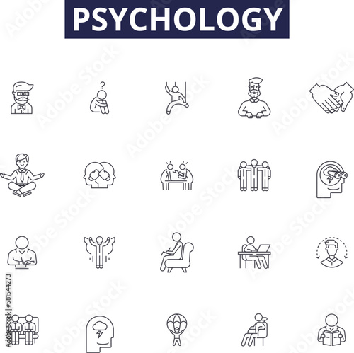 Psychology line vector icons and signs. Mind, Behavior, Brain, Cognitive, Psychoanalysis, Development, Social, Neuropsychology outline vector illustration set