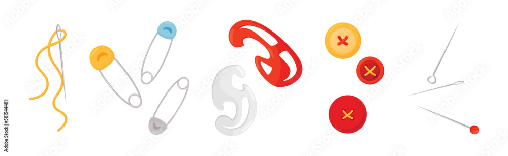 Sewing and Tailoring Accessories with Pin, Needle, Curve and Button Vector Set Sewing and Tailoring Accessories with Pin, Needle, Curve and Button Vector Set