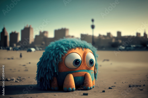 Generative AI illustration of cute adorable little alien abanodned and homeless in big Earth city, concept of loneliness and being deserted photo