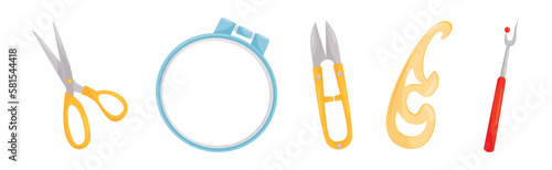 Sewing and Tailoring Accessories with Scissors, Unpicker, Tambour and Curve Vector Set
