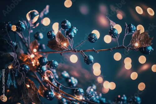 Generative AI illustration of cosy beautiful warm festive Christmas fairy lights installed into tree branches © veneratio