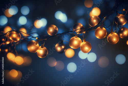 Generative AI illustration of cosy beautiful warm festive Christmas fairy lights installed into tree branches