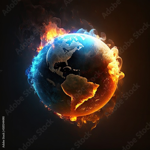 Fototapeta Naklejka Na Ścianę i Meble -  Planet earth on fire. Global catastrophe concept. The globe is on fire, global warming, the average temperature on earth is rising.