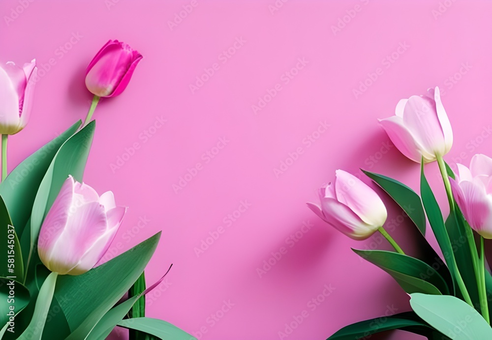 Fototapeta premium pink tulips on pink background, Generative Ai