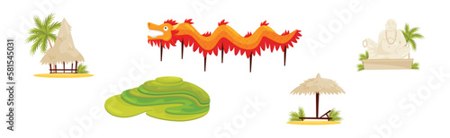 Vietnam Country Attribute with Rice Paddy, Dragon, Beach Hut and Buddha Statue Vector Set