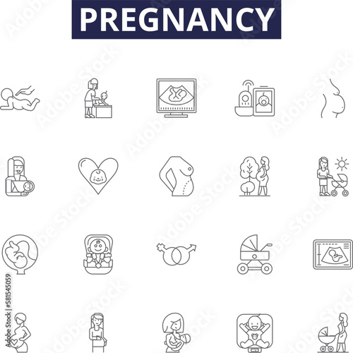 Pregnancy line vector icons and signs. fetus, maternity, gestation, embryo, ovulation, trimester, childbirth, delivery outline vector illustration set