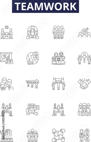 Teamwork line vector icons and signs. Cooperation, Unity, Synergy, Ally, Bond, Harmonious, Joint, League outline vector illustration set