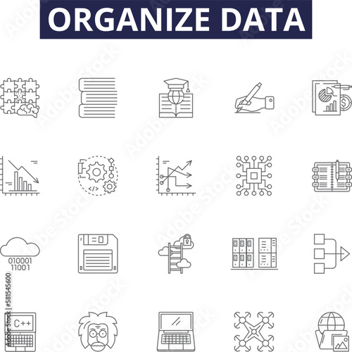 Organize data line vector icons and signs. Classify, Compile, Structure, Organize, Arrange, File, Sort, Catalog outline vector illustration set photo