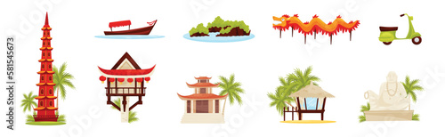 Vietnam Country Attribute with Pagoda, Dragon, Beach Hut and Buddha Statue Vector Set