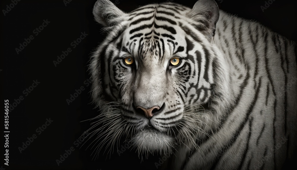 White tiger close-up on black background. Generative AI White tiger close-up on black background. Generative AI