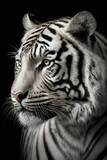 White tiger close-up on black background. Generative AI