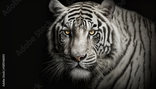 White tiger close-up on black background. Generative AI