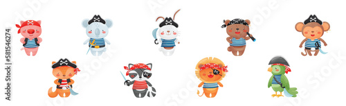 Animals Pirate in Corsair Hat and Bandana Wearing Striped Vest Vector Set