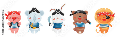 Animals Pirate in Corsair Hat and Bandana Wearing Striped Vest Vector Set