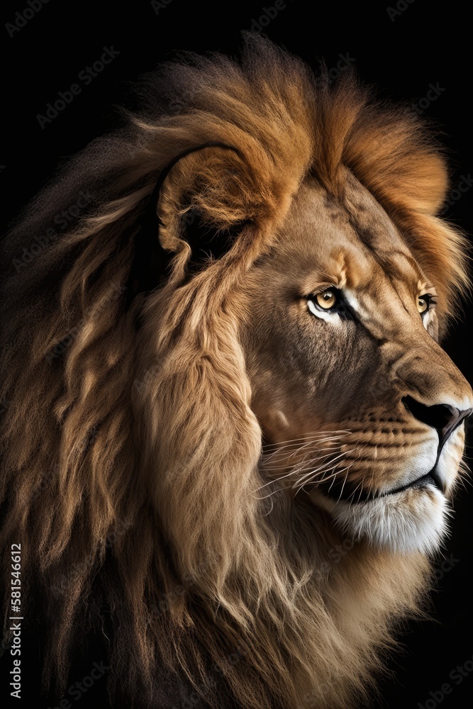 Fototapeta premium Lion close-up on black background. Generative AI
