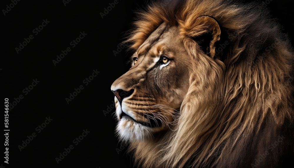Fototapeta premium Lion close-up on black background. Generative AI
