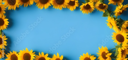 Sunflowers on blue background, Generative AI