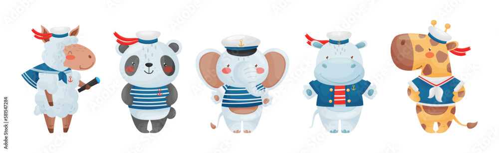 Animal Characters Sailors and Seaman in Cap Vector Set Animal Characters Sailors and Seaman in Cap Vector Set