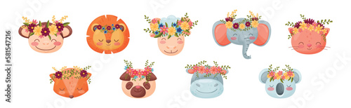 Canvas Print Cute Animal with Floral Wreaths on Their Head Vector Set