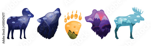 Silhouettes of Wild Animal and Footprint with Natural Forest Landscape Inside Vector Set