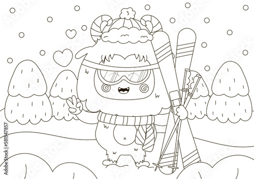 Funny coloring page with cute Yeti character skiing, winter holidays sport activity, winter themed printable activity for kids,black and white doodle for children