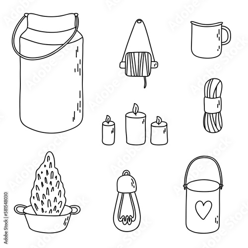 Set of gardening items in doodle style. Various agricultural and garden things for spring and summer work. Vector clip art illustration isolated on white background