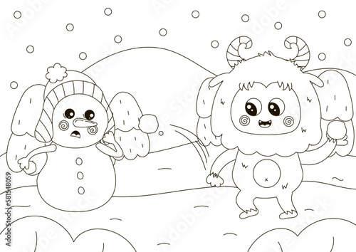 Funny coloring page with cute Yeti character and snowman playing snowballs fight, winter themed printable activity for kids,black and white doodle for children