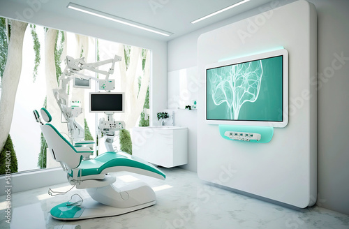 Generative AI illustration of modern and futuristic dental clinic with all technical advances