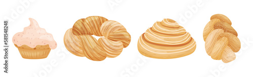 Buns as Sweet Wheat Pastry or Confectionery Made from Flour and Yeast Vector Set