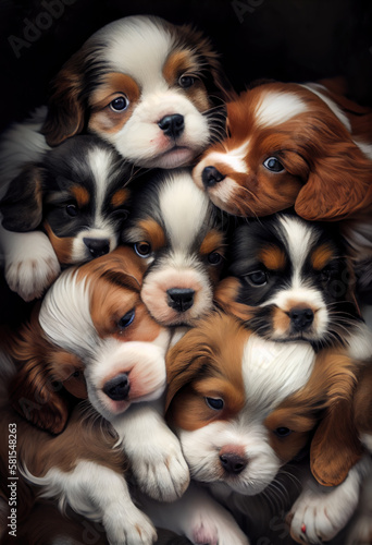 Generative AI Group of puppies on top of each other, piled up in a pile, relaxing