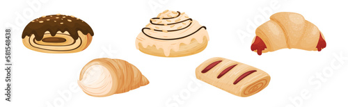Buns as Sweet Wheat Pastry or Confectionery Made from Flour and Yeast Vector Set
