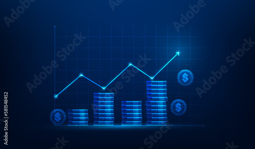 stack coin business investment graph growth technology. financial graph increase money on blue dark background. stock market trading chart profit. vector illustration fantastic technology.