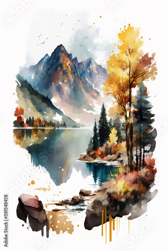 Watercolor landscape of mountains, forest, rivers, lakes to inspire to travel isolated in white background