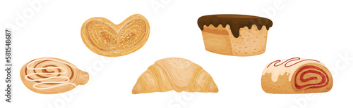 Buns as Sweet Wheat Pastry or Confectionery Made from Flour and Yeast Vector Set