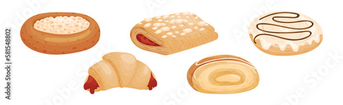 Buns as Sweet Wheat Pastry or Confectionery Made from Flour and Yeast Vector Set